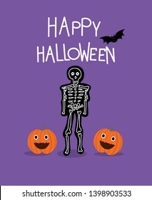 Funny Happy Halloween Day with skeleton, cute orange pumpkins, black flying bat on purple background for card, party or any design