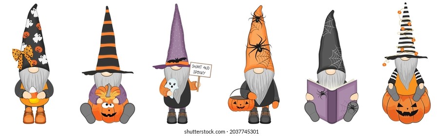 Funny happy halloween gnomes set. Vector illustration.