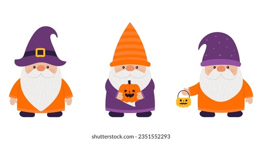 Funny happy halloween gnomes set. Vector illustration