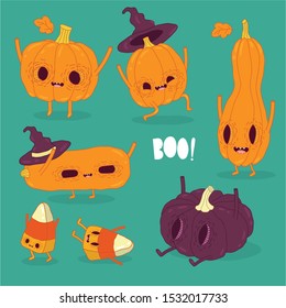 Funny Happy Halloween set. Vector illustration. Pumpkins. Use for card, poster, banner, web design and print on 
t-shirt. Easy to edit. Vector illustration.