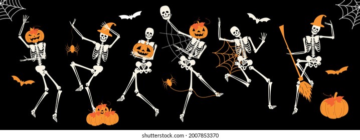 Funny happy halloween skeleton cartoon character. Halloween festive for banner, poster, greeting card, party invitation poster design with pumpkin, bat and spider web vector illustration on black