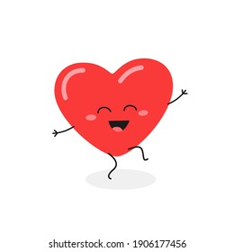 Funny happy heart cartoon character dancing with good mood. Vector flat illustration isolated on white background