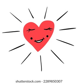 Funny happy heart. Cute cartoon characters. Creative hand drawn heart with emotion. Vector illustration
