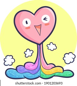 Funny happy heart going up with colorful liquid in kawaii doodle style