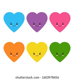 Funny happy hearts. Cute cartoon characters. Bright vector set of heart icons.