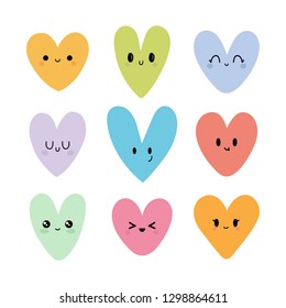 Funny happy hearts in kawaii style. Cute cartoon characters. Creative hand drawn hearts with different emotions. Bright vector set of heart icons. Vector illustration