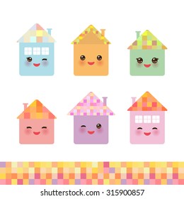 Funny happy house set, kawaii face, smile, pink cheeks, big eyes. pastel colors. Vector