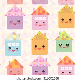Funny happy house set, kawaii face, smile, pink cheeks, big eyes. seamless pattern, pastel colors. Vector