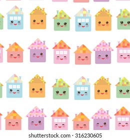 Funny happy house set, kawaii face, smile, pink cheeks, big eyes. seamless pattern, pastel colors on white background. Vector