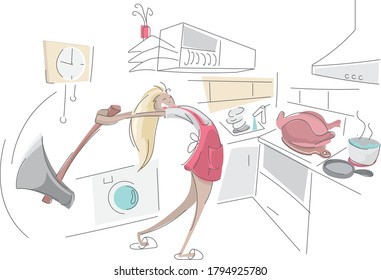 Funny Happy Housewife Going To Chop Turkey With Huge Axe In The Kitchen, Woman Cooking Thanksgiving Dinner At Home 