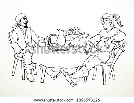 Funny happy hungry robber white beer meal snack castle bar wall text space. Outline black ink hand drawn age corsair sailor suit fun art doodle line past tale style. Lord king warrior knight sit home