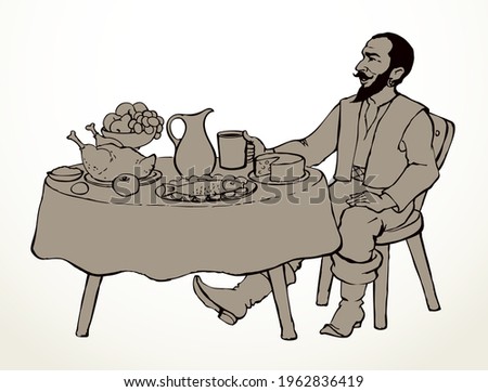 Funny happy hungry robber white beer meal snack castle bar wall text space. Outline black ink hand drawn age corsair sailor suit fun art doodle line past tale style. Lord king warrior knight sit home