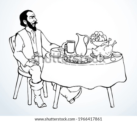 Funny happy hungry robber white beer meal snack castle bar wall text space. Outline black ink hand drawn age corsair sailor suit fun art doodle line past tale style. Lord king warrior knight sit home