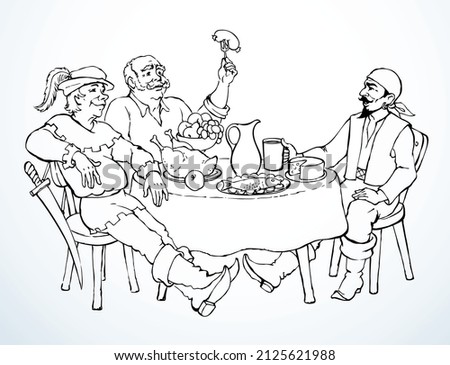 Funny happy hungry robber white beer meal snack castle bar wall text space. Outline black ink hand drawn age corsair sailor suit fun art doodle line past tale style. Lord king warrior knight sit home