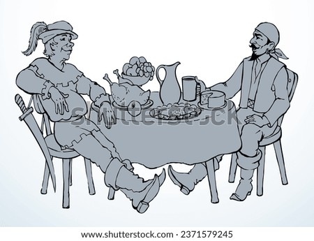 Funny happy hungry robber white beer meal snack castle bar wall text space. Outline black ink hand drawn age corsair sailor suit fun art doodle line past tale style. Lord king warrior knight sit home