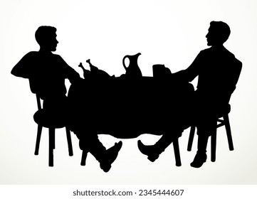 Funny happy hungry young guy guest beer shop snack white text space. Outline black ink hand drawn old fun tasty home human menu service icon sign symbol concept antique art cartoon royal story style
