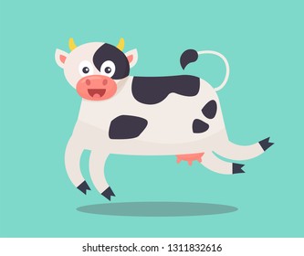 Funny happy jumping cow, vector illustration. Farm animal