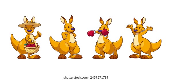 Funny happy kangaroo character mascot. Cartoon wallaby in different poses and face emotions. Australian animal standing in hat with apples in basket, boxing in red gloves, with hands on sides and up.