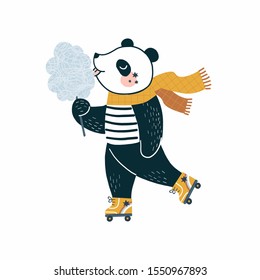 Funny happy little cartoon panda character in roller-skates dressed up in stripy top and yellow scarf eat sweet cotton. Scandinavian style childish trendy illustration isolated on white in vector