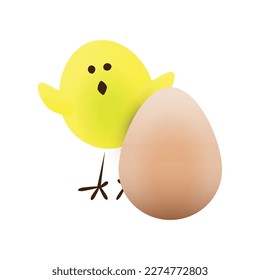 Funny Happy Little Chick Standing Beside a Raw Chicken Egg - Concept Design Isolated on White Background - Vector Illustration