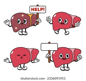 Funny happy Liver characters bundle set. Vector hand drawn doodle style traditional cartoon vintage, retro character illustration icon design. Isolated white background. Cute Liver mascot character