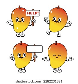 Funny happy Mango characters bundle set. Vector hand drawn doodle style traditional cartoon vintage, retro character illustration icon design. Cute Mango mascot character