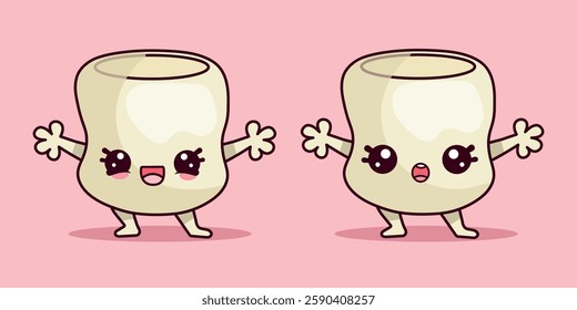 Funny happy marshmallows in kawaii style on a pink background, vector illustration	