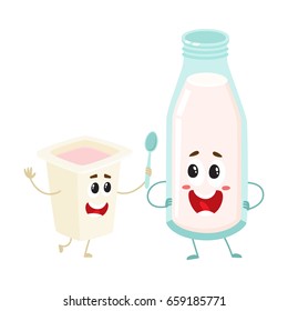 Funny happy milk bottle and yogurt cup characters with smiling human faces, cartoon vector illustration isolated on white background. Cute, funny milk bottle and yogurt cup characters, dairy mascots