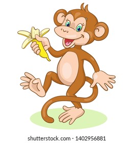 Funny happy monkey dancing with a banana in his hand. In cartoon style. Isolated on white background. Vector illustration.