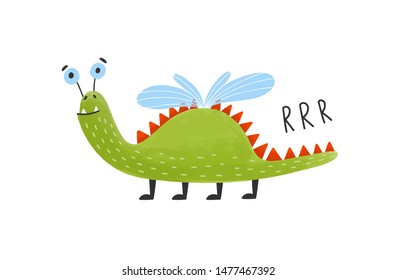 Funny happy monster, alien, mutant. Cute fantastic or fairytale creature with wings. Magical cartoon character isolated on white background. Colorful childish vector illustration in flat style.