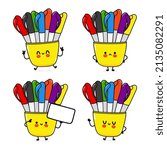 Funny happy multi-colored pens characters bundle set. Vector hand drawn doodle style cartoon character illustration icon. White background. multi colored pens mascot character collection kids, child