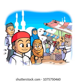 Funny and happy muslim family going to market - vector.