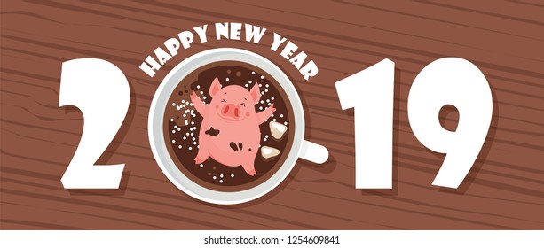 Funny Happy New Year of 2019 greeting card , year of a pig. Cute piglet chilling in a cup of winter drink. Excellent for the design of postcard, poster, sticker and banner. Vector illustration