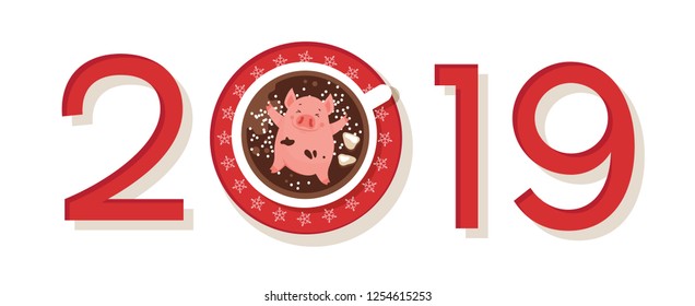 Funny Happy New Year of 2019 greeting card , year of a pig. Cute piglet chilling in a cup of winter drink. Excellent for the design of postcard, poster, sticker and banner. Vector illustration