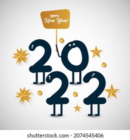 funny happy new year 2022 greetings with gold stars element. Brochure design template, card, banner. Vector illustration. Isolated on white background.