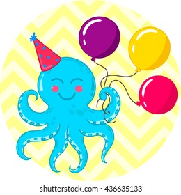 Funny and happy octopus. Vector illustration for stickers, web designs, party invitation, birthday card