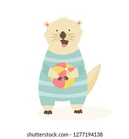 Funny happy otter in a swimming suit with a beachball. Animal character vector illustration. Print design