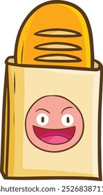 Funny happy paper bag cartoon character with bread in it cartoon illustration