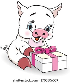 Funny happy pig with a gift