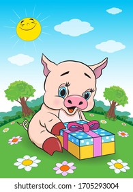 Funny happy pig with a gift