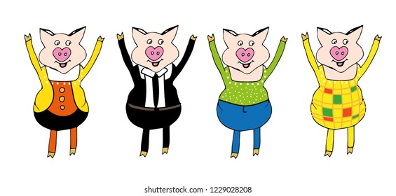 
Funny happy pig for the new year, character, cartoon, hand draw, isolated.