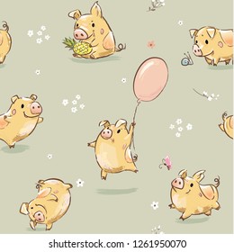 Funny Happy Pig Seamless Pattern Illustration. Cute Print with Piggy Character Fly on Balloon, Hold Pineapple get Fun. Summer Childish Greeting Set Symbol of 2019 Year Vector for Wrapping Paper