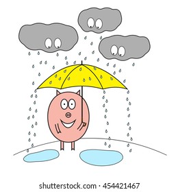 Funny happy pig with yellow umbrella under rain