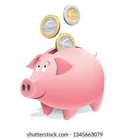 Funny happy piggy bank, euros coins. Vector illustration