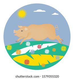 Funny happy piggy - round icon, isolated on white background - vector. Animal world.