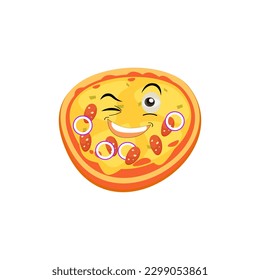 Funny happy pizza show peace gesture logo. Vector doodle line cartoon kawaii character illustration icon. Pizza quote logo concept. Fast food Vector cartoon illustration, Comic characters