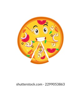 Funny happy pizza show peace gesture logo. Vector doodle line cartoon kawaii character illustration icon. Pizza quote logo concept. Fast food Vector cartoon illustration, Comic characters