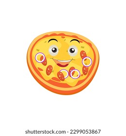 Funny happy pizza show peace gesture logo. Vector doodle line cartoon kawaii character illustration icon. Pizza quote logo concept. Fast food Vector cartoon illustration, Comic characters