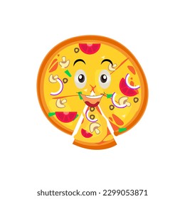 Funny happy pizza show peace gesture logo. Vector doodle line cartoon kawaii character illustration icon. Pizza quote logo concept. Fast food Vector cartoon illustration, Comic characters