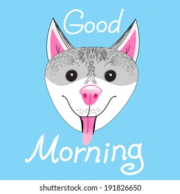 funny happy portrait of a dog on a blue background with the text 